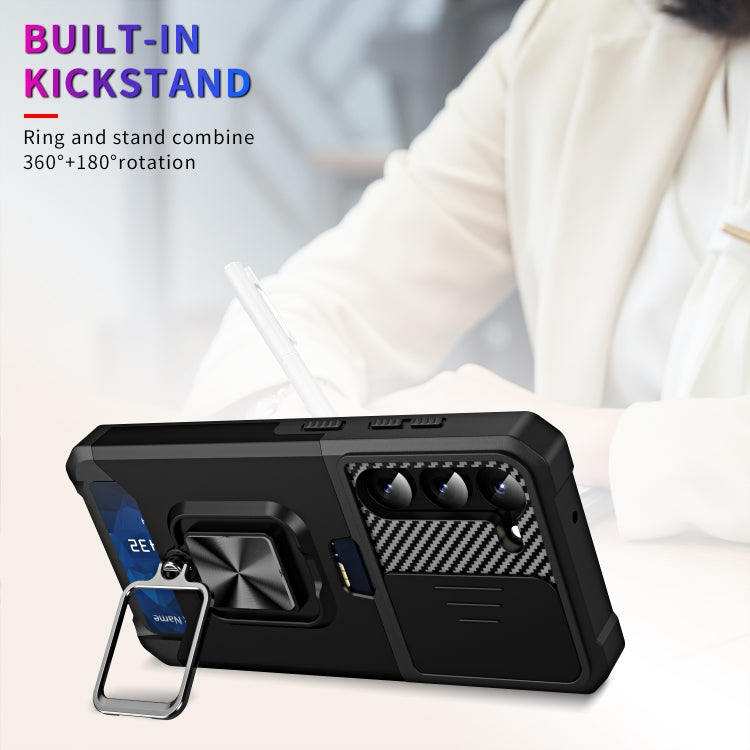 For Samsung Galaxy S23+ 5G Sliding Camshield Phone Case with Ring Holder & Card Slot