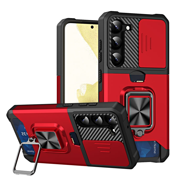 For Samsung Galaxy S23+ 5G Sliding Camshield Phone Case with Ring Holder & Card Slot