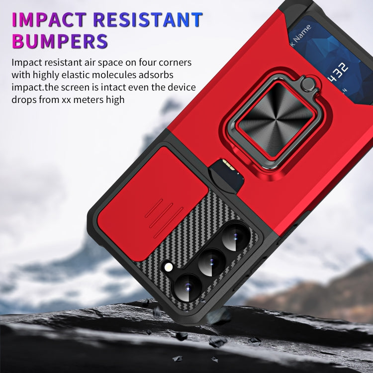 For Samsung Galaxy S23+ 5G Sliding Camshield Phone Case with Ring Holder & Card Slot