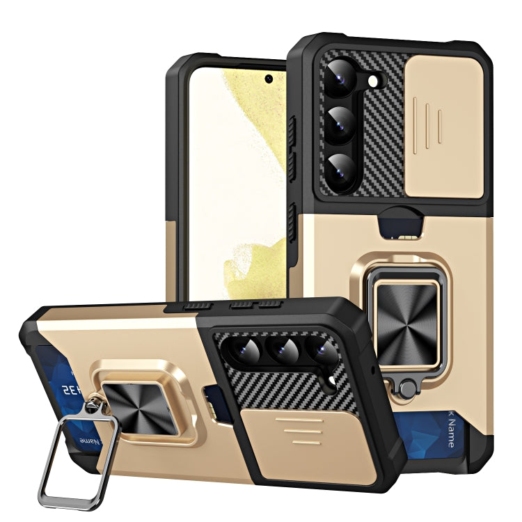 For Samsung Galaxy S23+ 5G Sliding Camshield Phone Case with Ring Holder & Card Slot