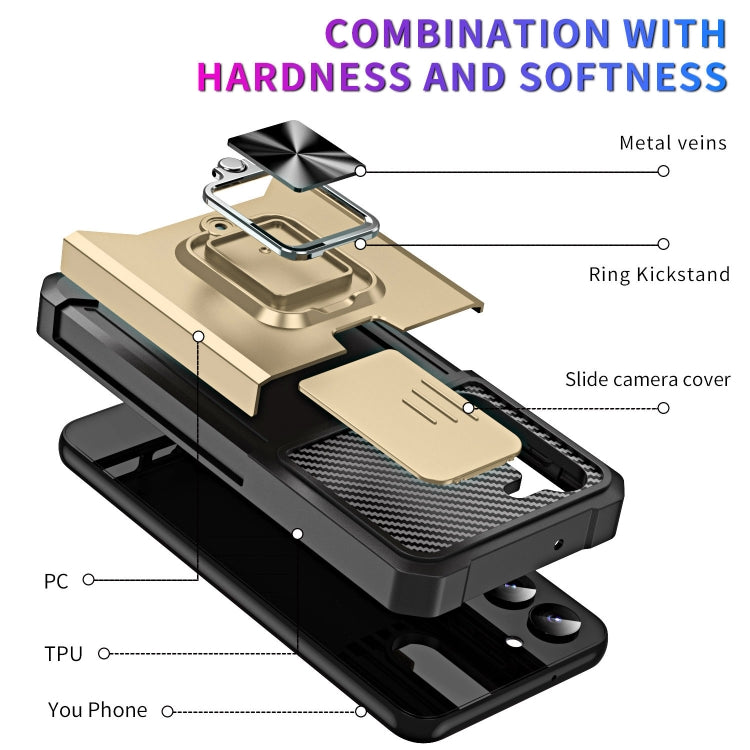 For Samsung Galaxy S23+ 5G Sliding Camshield Phone Case with Ring Holder & Card Slot