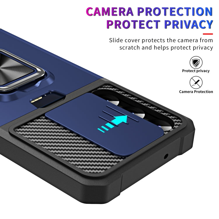 For Samsung Galaxy S23+ 5G Sliding Camshield Phone Case with Ring Holder & Card Slot