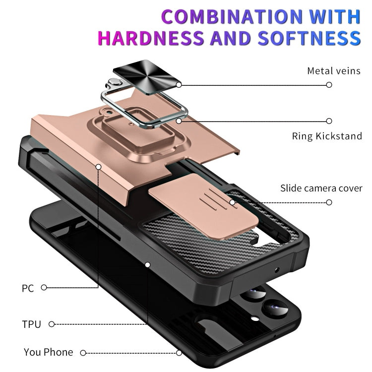 For Samsung Galaxy S23+ 5G Sliding Camshield Phone Case with Ring Holder & Card Slot