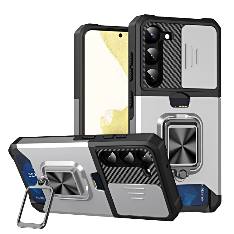 For Samsung Galaxy S23+ 5G Sliding Camshield Phone Case with Ring Holder & Card Slot
