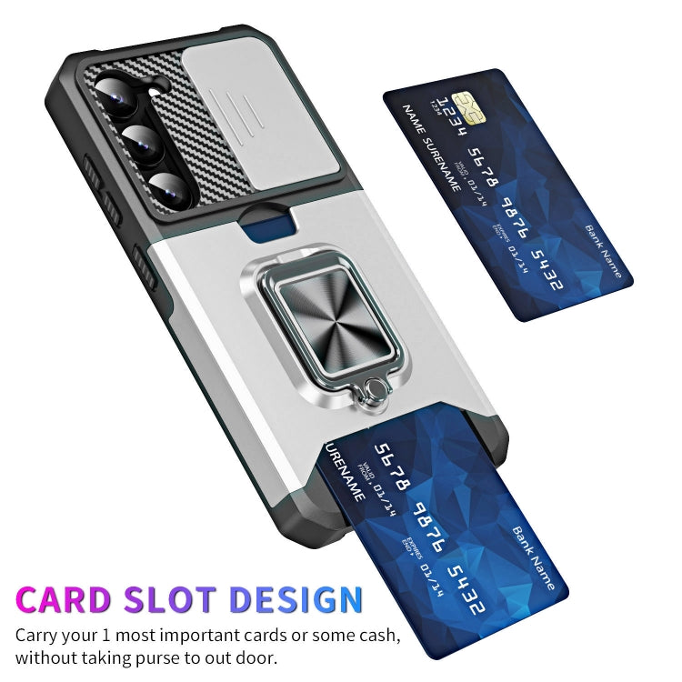 For Samsung Galaxy S23+ 5G Sliding Camshield Phone Case with Ring Holder & Card Slot