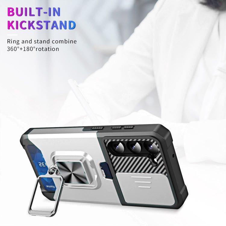 For Samsung Galaxy S23+ 5G Sliding Camshield Phone Case with Ring Holder & Card Slot