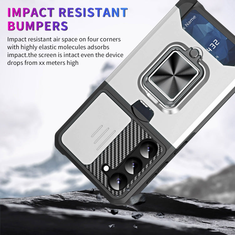 For Samsung Galaxy S23+ 5G Sliding Camshield Phone Case with Ring Holder & Card Slot