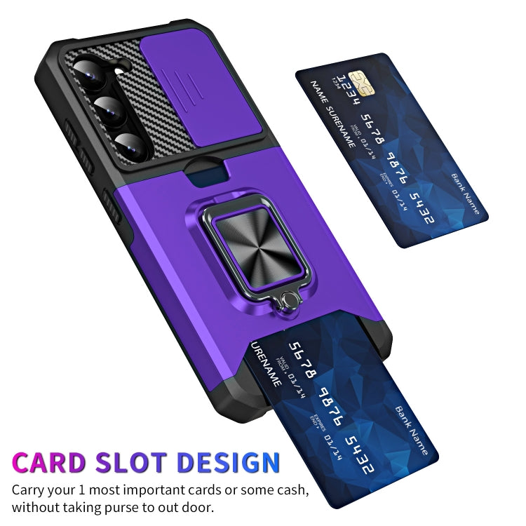 For Samsung Galaxy S23+ 5G Sliding Camshield Phone Case with Ring Holder & Card Slot