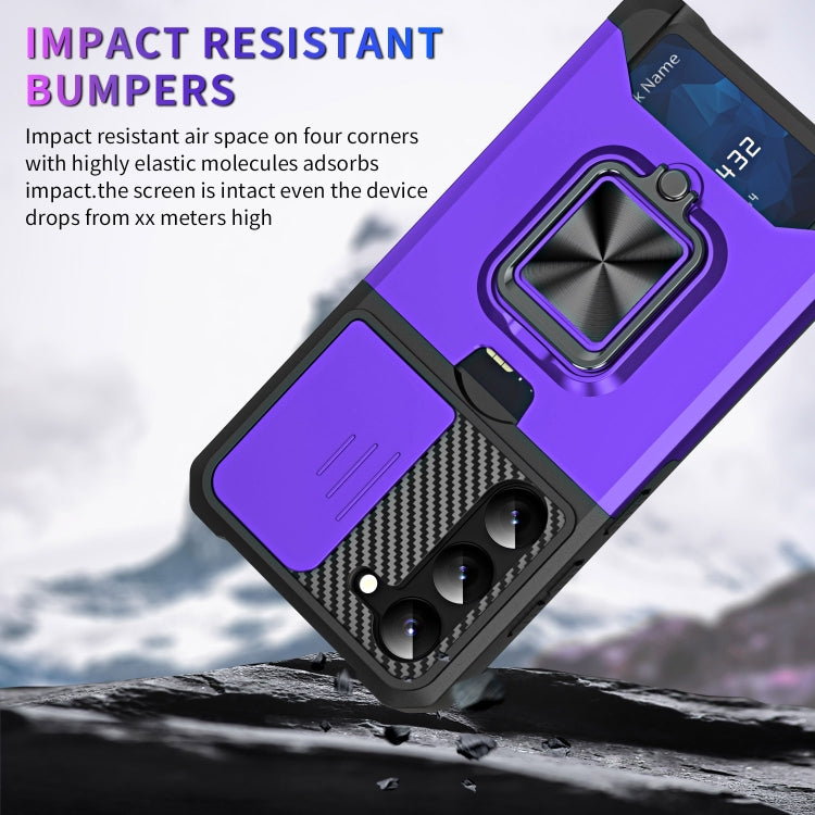 For Samsung Galaxy S23+ 5G Sliding Camshield Phone Case with Ring Holder & Card Slot