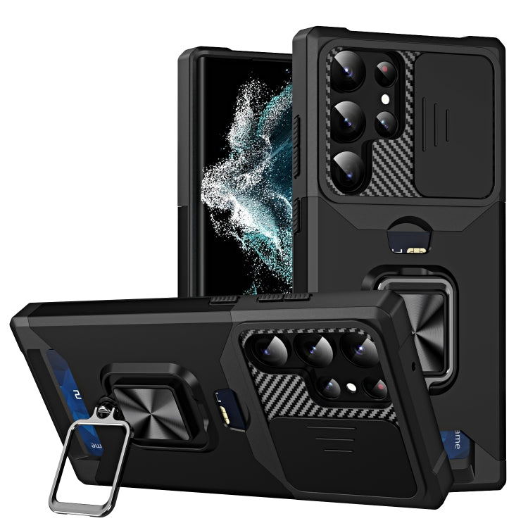 For Samsung Galaxy S23 Ultra 5G Sliding Camshield Phone Case with Ring Holder & Card Slot