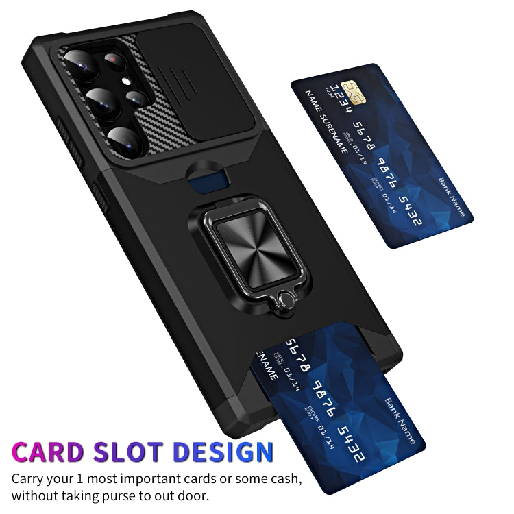 For Samsung Galaxy S23 Ultra 5G Sliding Camshield Phone Case with Ring Holder & Card Slot