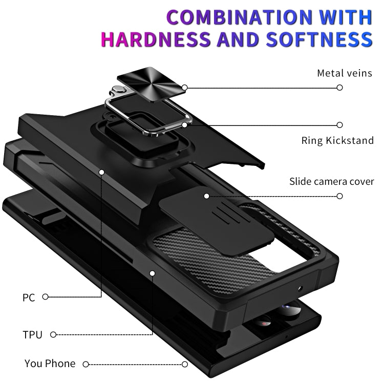 For Samsung Galaxy S23 Ultra 5G Sliding Camshield Phone Case with Ring Holder & Card Slot