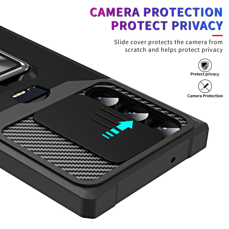For Samsung Galaxy S23 Ultra 5G Sliding Camshield Phone Case with Ring Holder & Card Slot
