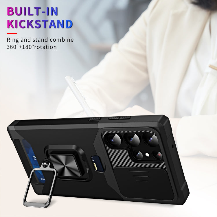For Samsung Galaxy S23 Ultra 5G Sliding Camshield Phone Case with Ring Holder & Card Slot