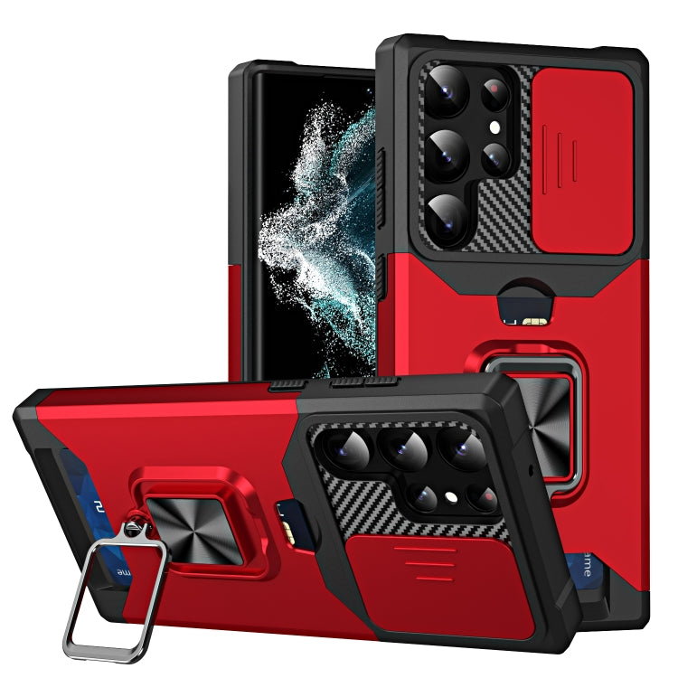 For Samsung Galaxy S23 Ultra 5G Sliding Camshield Phone Case with Ring Holder & Card Slot