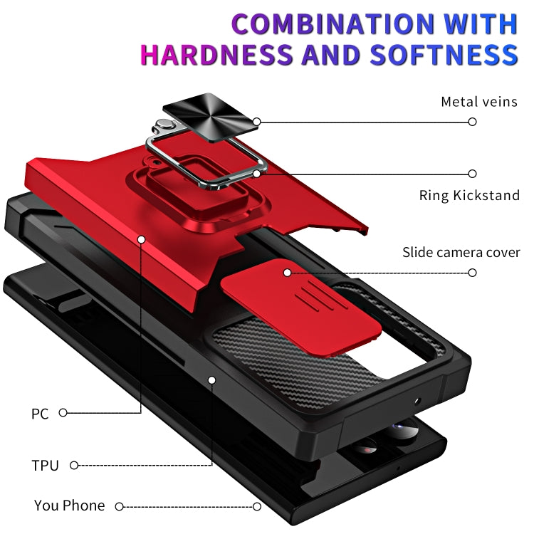 For Samsung Galaxy S23 Ultra 5G Sliding Camshield Phone Case with Ring Holder & Card Slot