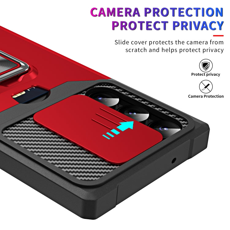 For Samsung Galaxy S23 Ultra 5G Sliding Camshield Phone Case with Ring Holder & Card Slot