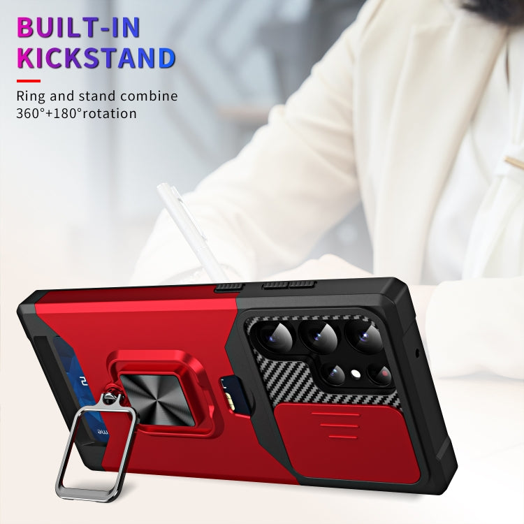 For Samsung Galaxy S23 Ultra 5G Sliding Camshield Phone Case with Ring Holder & Card Slot