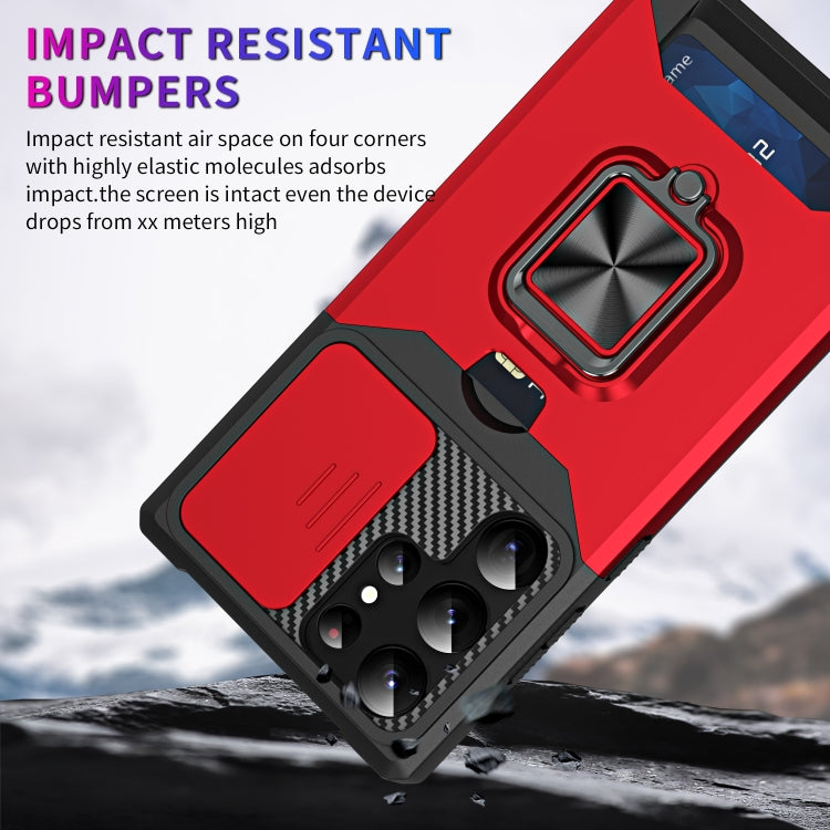For Samsung Galaxy S23 Ultra 5G Sliding Camshield Phone Case with Ring Holder & Card Slot