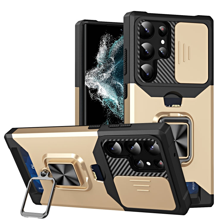 For Samsung Galaxy S23 Ultra 5G Sliding Camshield Phone Case with Ring Holder & Card Slot