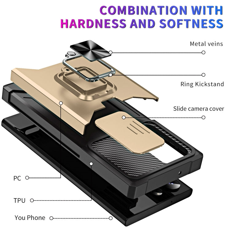 For Samsung Galaxy S23 Ultra 5G Sliding Camshield Phone Case with Ring Holder & Card Slot