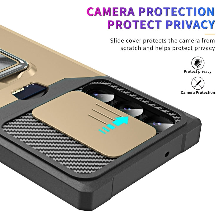 For Samsung Galaxy S23 Ultra 5G Sliding Camshield Phone Case with Ring Holder & Card Slot