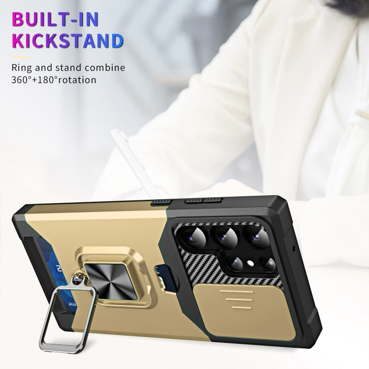 For Samsung Galaxy S23 Ultra 5G Sliding Camshield Phone Case with Ring Holder & Card Slot
