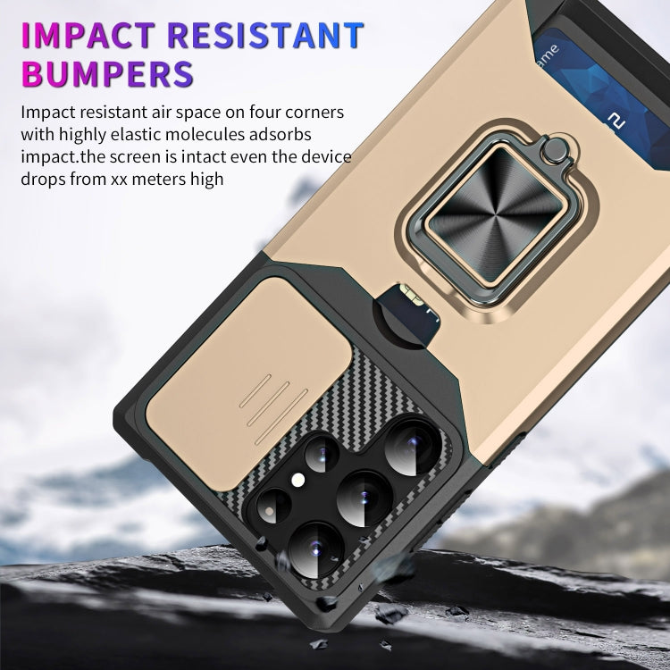 For Samsung Galaxy S23 Ultra 5G Sliding Camshield Phone Case with Ring Holder & Card Slot