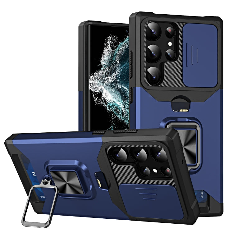 For Samsung Galaxy S23 Ultra 5G Sliding Camshield Phone Case with Ring Holder & Card Slot
