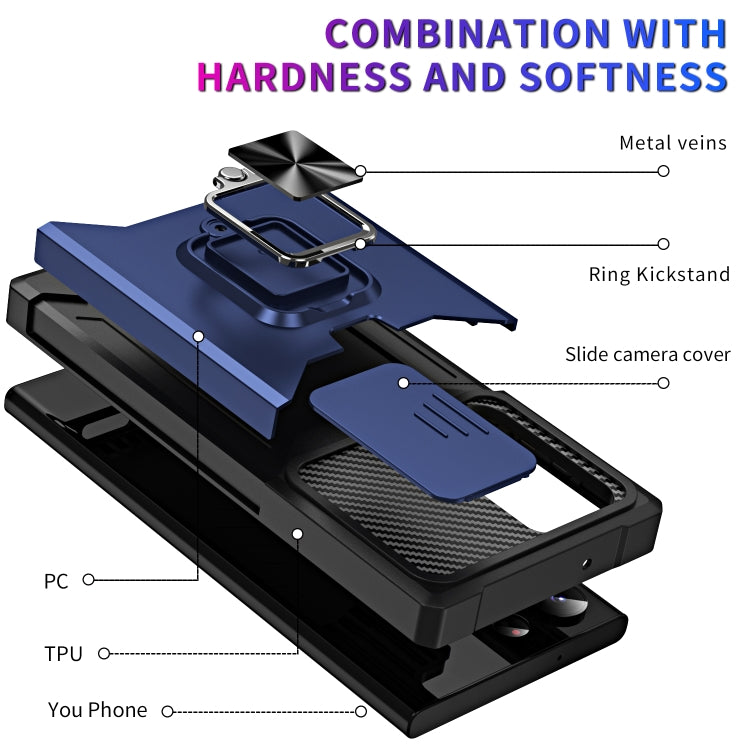 For Samsung Galaxy S23 Ultra 5G Sliding Camshield Phone Case with Ring Holder & Card Slot