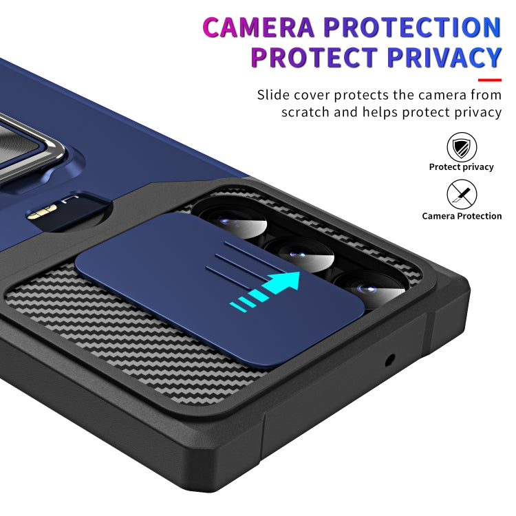 For Samsung Galaxy S23 Ultra 5G Sliding Camshield Phone Case with Ring Holder & Card Slot