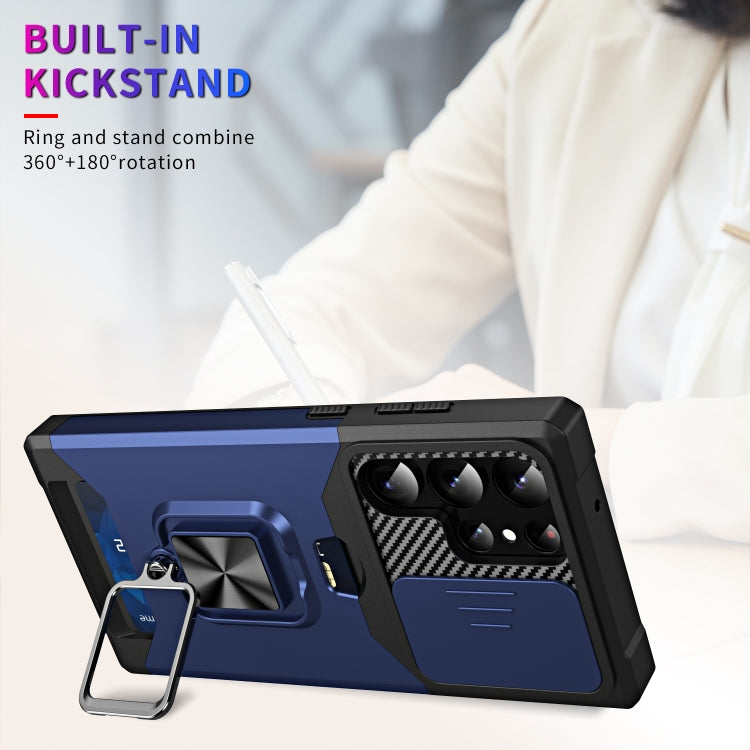 For Samsung Galaxy S23 Ultra 5G Sliding Camshield Phone Case with Ring Holder & Card Slot