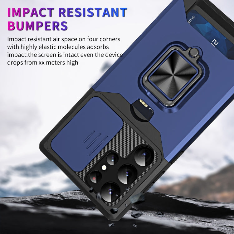 For Samsung Galaxy S23 Ultra 5G Sliding Camshield Phone Case with Ring Holder & Card Slot