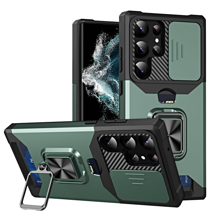 For Samsung Galaxy S23 Ultra 5G Sliding Camshield Phone Case with Ring Holder & Card Slot