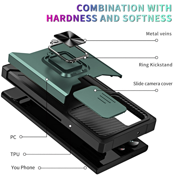 For Samsung Galaxy S23 Ultra 5G Sliding Camshield Phone Case with Ring Holder & Card Slot