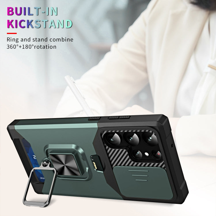 For Samsung Galaxy S23 Ultra 5G Sliding Camshield Phone Case with Ring Holder & Card Slot