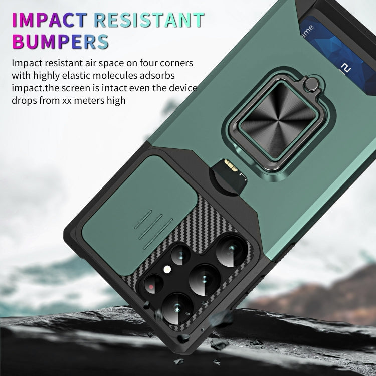 For Samsung Galaxy S23 Ultra 5G Sliding Camshield Phone Case with Ring Holder & Card Slot