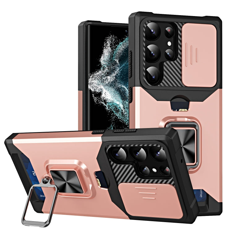 For Samsung Galaxy S23 Ultra 5G Sliding Camshield Phone Case with Ring Holder & Card Slot