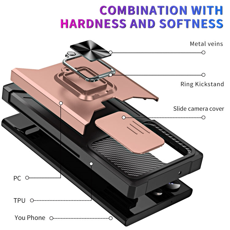 For Samsung Galaxy S23 Ultra 5G Sliding Camshield Phone Case with Ring Holder & Card Slot