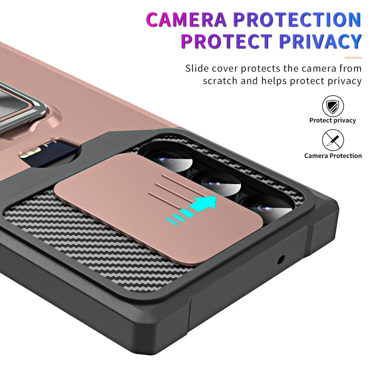 For Samsung Galaxy S23 Ultra 5G Sliding Camshield Phone Case with Ring Holder & Card Slot