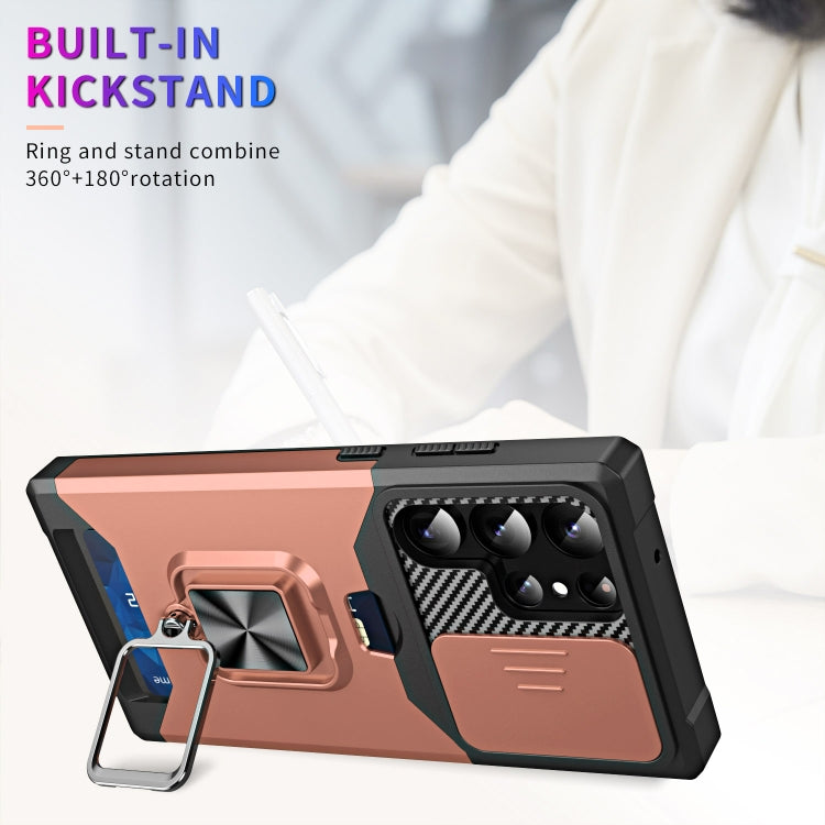 For Samsung Galaxy S23 Ultra 5G Sliding Camshield Phone Case with Ring Holder & Card Slot