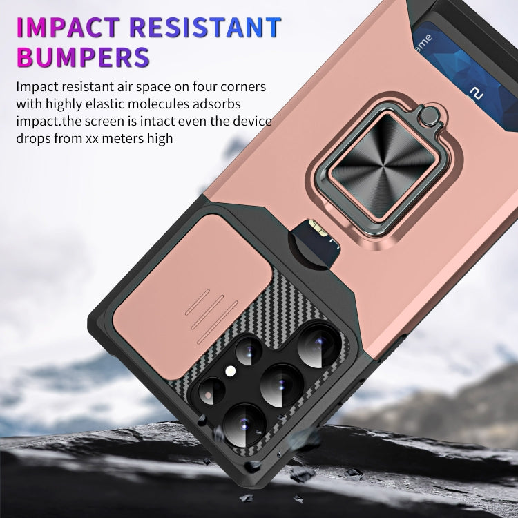 For Samsung Galaxy S23 Ultra 5G Sliding Camshield Phone Case with Ring Holder & Card Slot