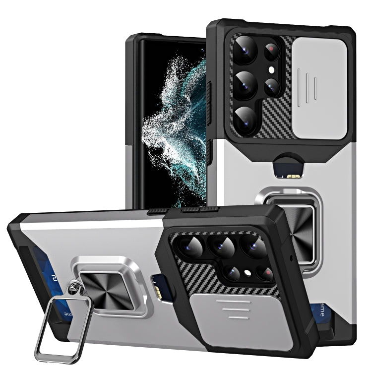 For Samsung Galaxy S23 Ultra 5G Sliding Camshield Phone Case with Ring Holder & Card Slot