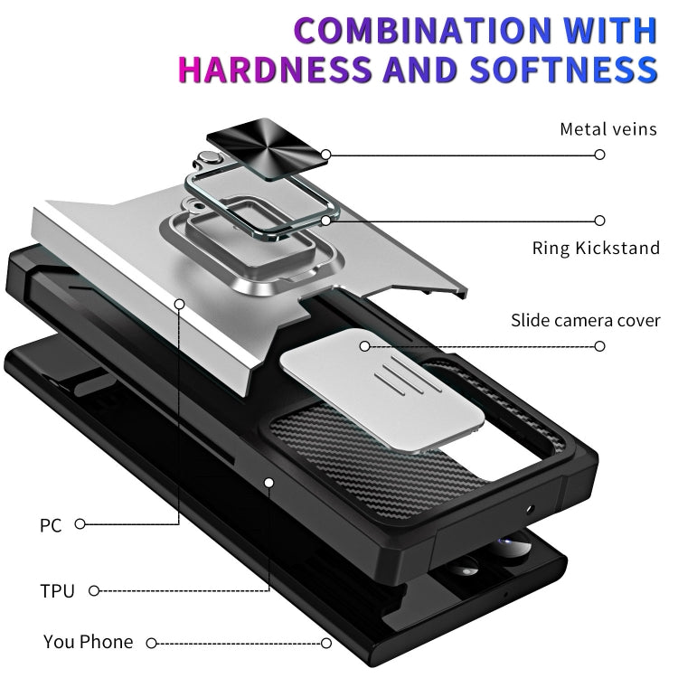 For Samsung Galaxy S23 Ultra 5G Sliding Camshield Phone Case with Ring Holder & Card Slot