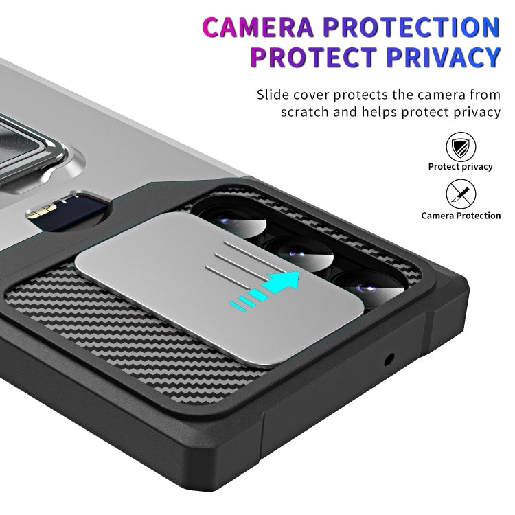 For Samsung Galaxy S23 Ultra 5G Sliding Camshield Phone Case with Ring Holder & Card Slot