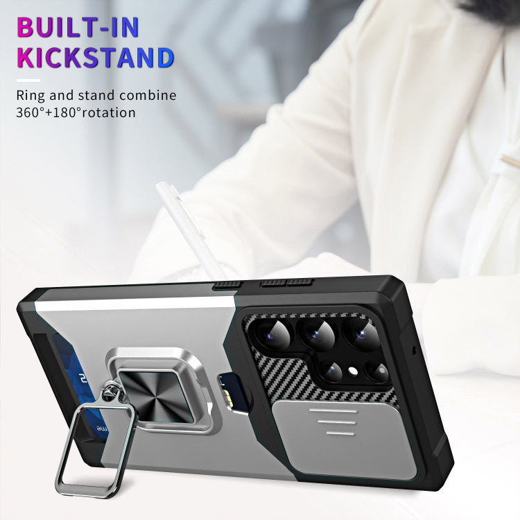 For Samsung Galaxy S23 Ultra 5G Sliding Camshield Phone Case with Ring Holder & Card Slot