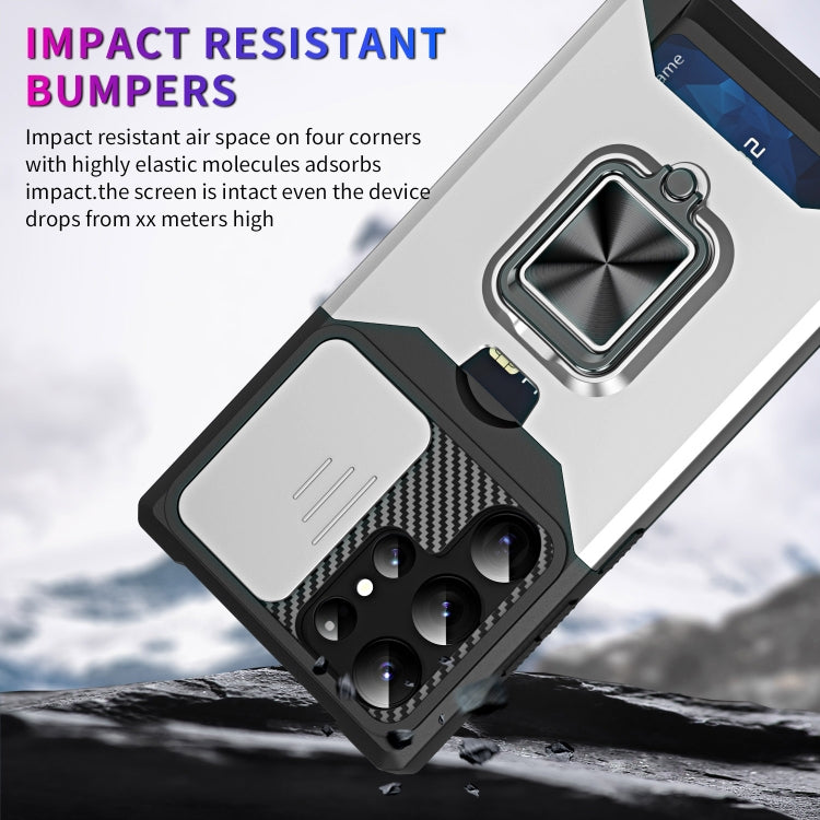 For Samsung Galaxy S23 Ultra 5G Sliding Camshield Phone Case with Ring Holder & Card Slot