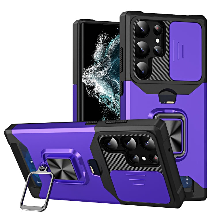For Samsung Galaxy S23 Ultra 5G Sliding Camshield Phone Case with Ring Holder & Card Slot