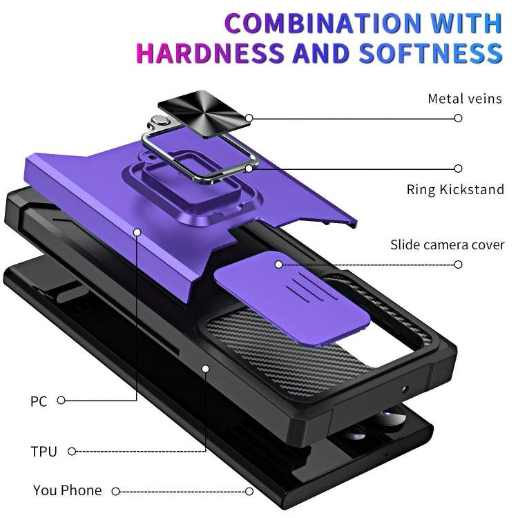 For Samsung Galaxy S23 Ultra 5G Sliding Camshield Phone Case with Ring Holder & Card Slot