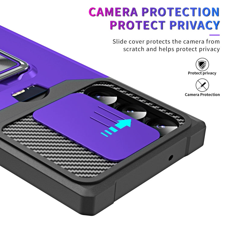 For Samsung Galaxy S23 Ultra 5G Sliding Camshield Phone Case with Ring Holder & Card Slot